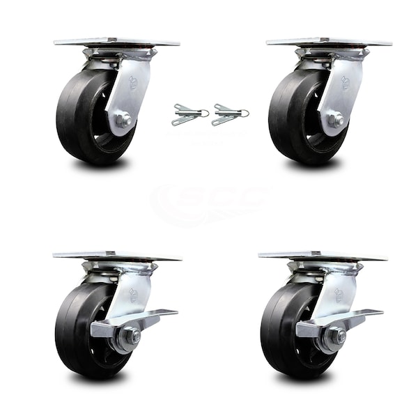 5 Inch Rubber on Steel Swivel Caster Swivel Locks 2 Brakes, 2PK